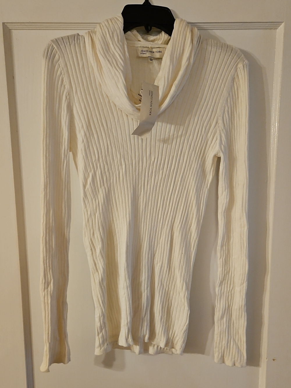 Jones New York Off-White Ribbed Cowl-Neck Long Sleeve Top